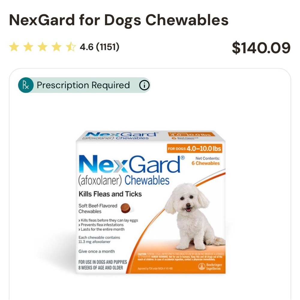 Flea/Tick Prevention for dogs 4-10lbs (6 months)